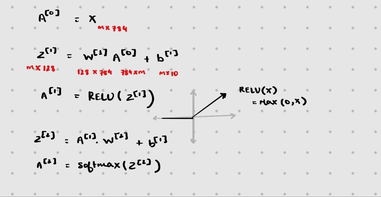 Handwritten forward propagation equations: A0 equals X, Z1 equals W1 times A0 plus b1, A1 equals ReLU of Z1, Z2 equals A1 times W2 plus b2, A2 equals softmax of Z2, with matrix dimensions annotated in red and a small plot of the ReLU function